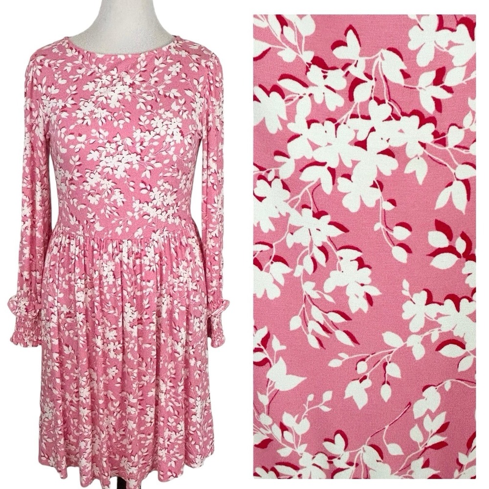 DRAPER JAMES Pink Floral DRESS sz M Fit & Flare Romantic Cottage Ruffle Feminine